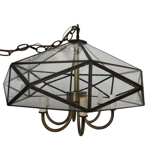 Vintage Mid Century Brass Octagon Diamond Hanging Glass Light Fixture Pendant - Picture 1 of 15